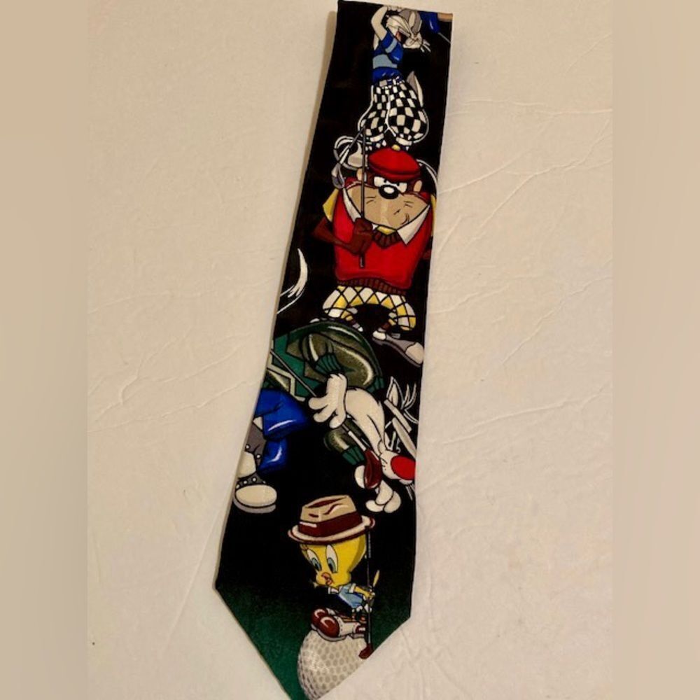 Vintage Men’s 1996 Looney Tunes Mania 100% Silk Black Handmade Golf Tie